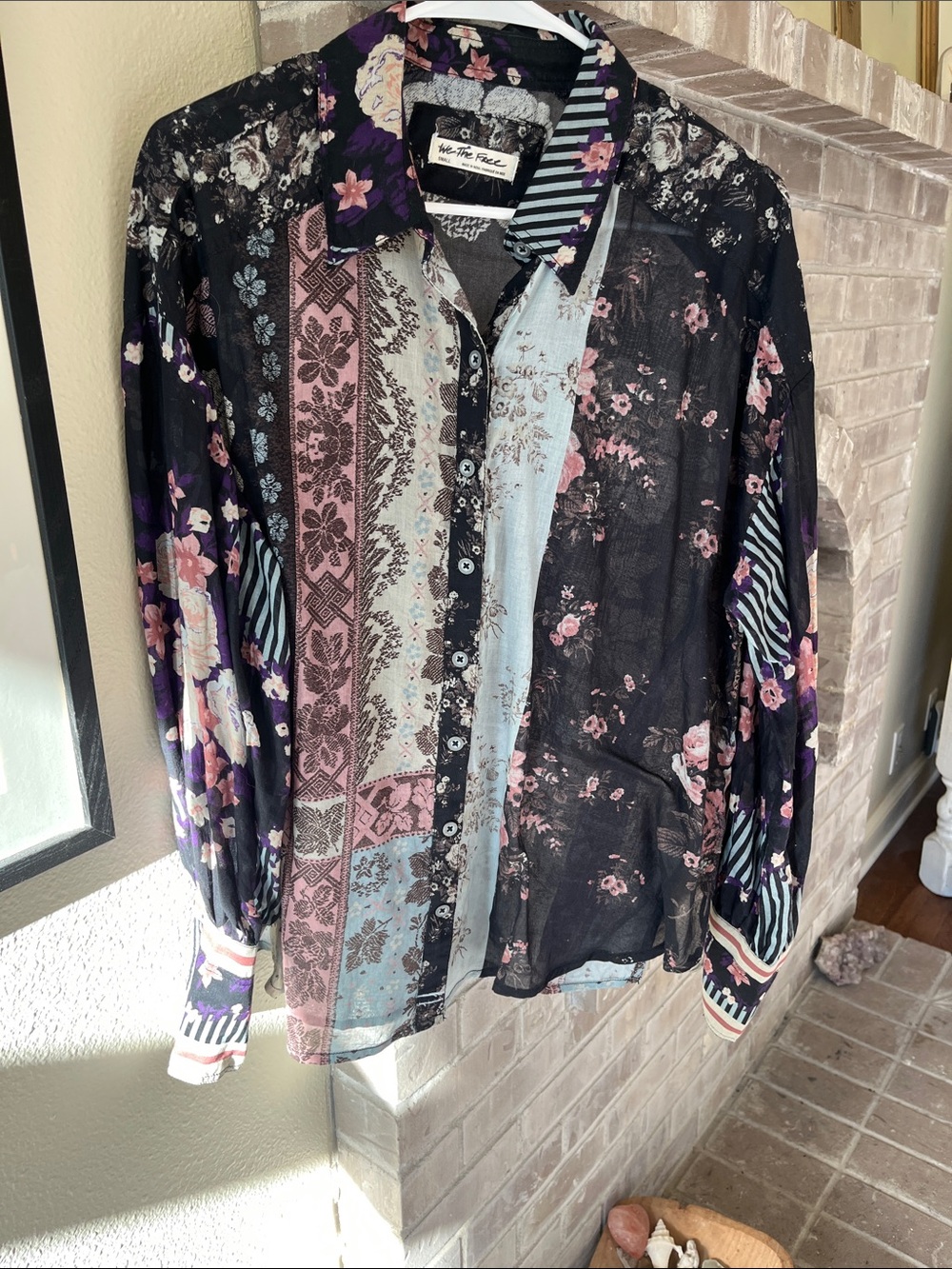 We The Free Black Mixed Floral Patchwork Button-Down Blouse with Pastel Panels